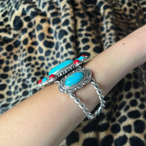 Turquoise and Red Gem Statement Bracelet - Picture 2 of 6